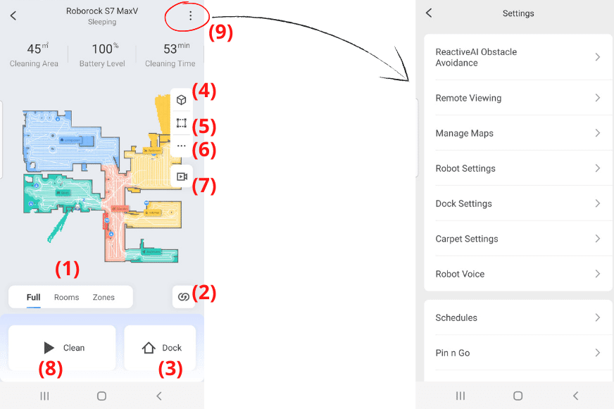 The settings options on the Roborock S7 MaxV Ultra app home screen are shown.
